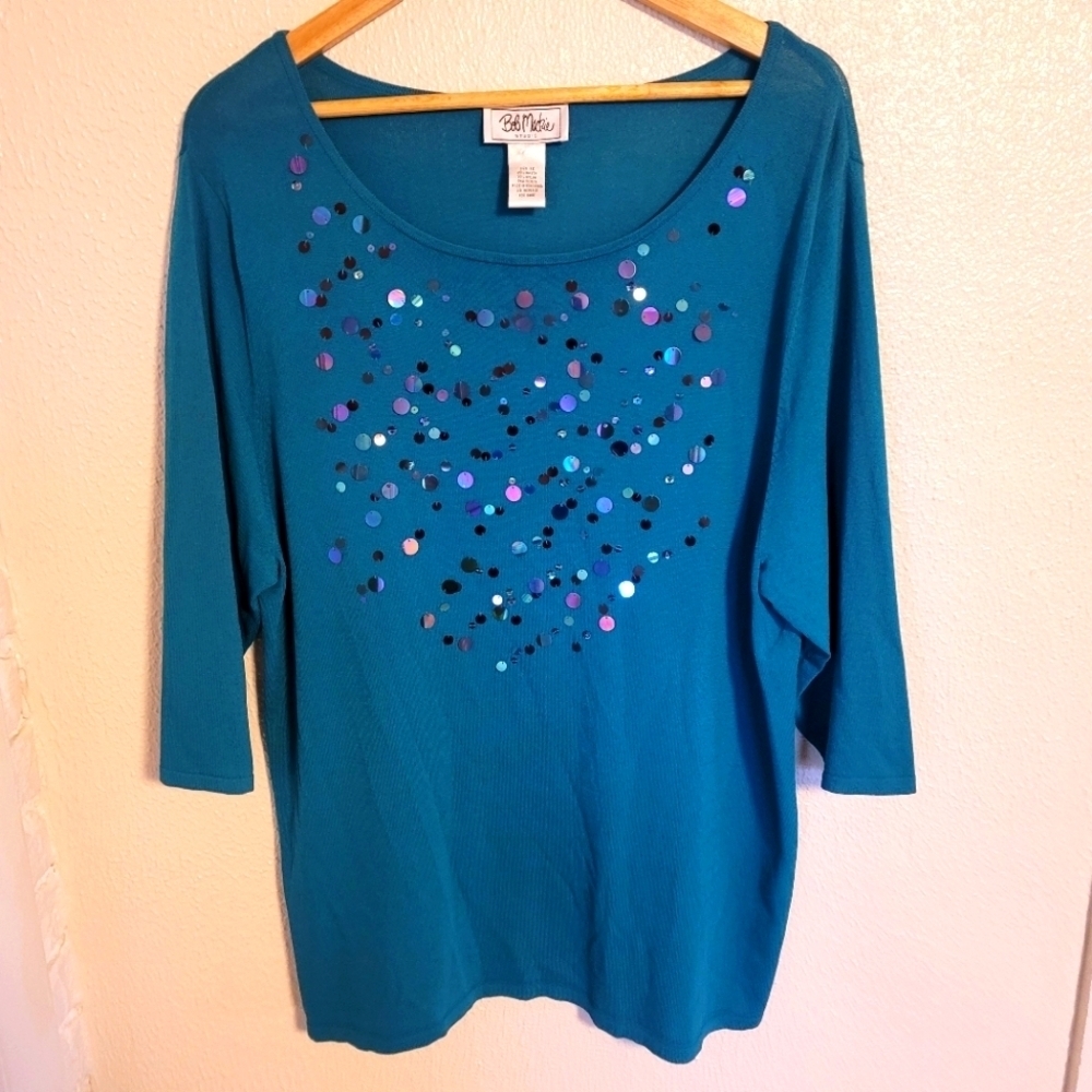 Bob Mackie Wearble Art Sequin Embellished Mermaid Knit Top size 1X Teal